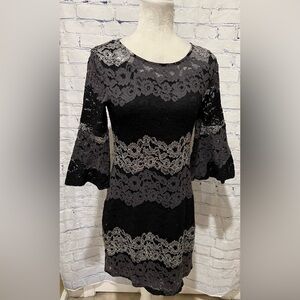 Isaac Mizrahi Live! Striped Lace Bell Sleeve Dress Black And Gray XXS